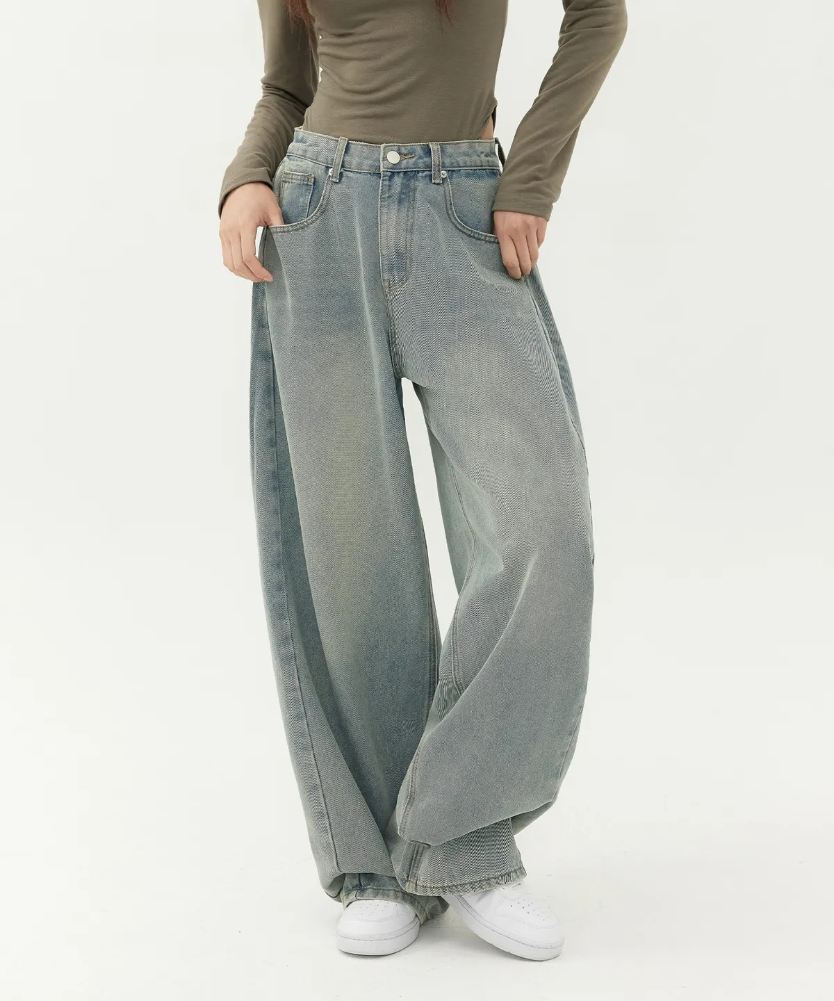 JINMANIA Unisex Side Pintuck Balloon Wide Denim Pants