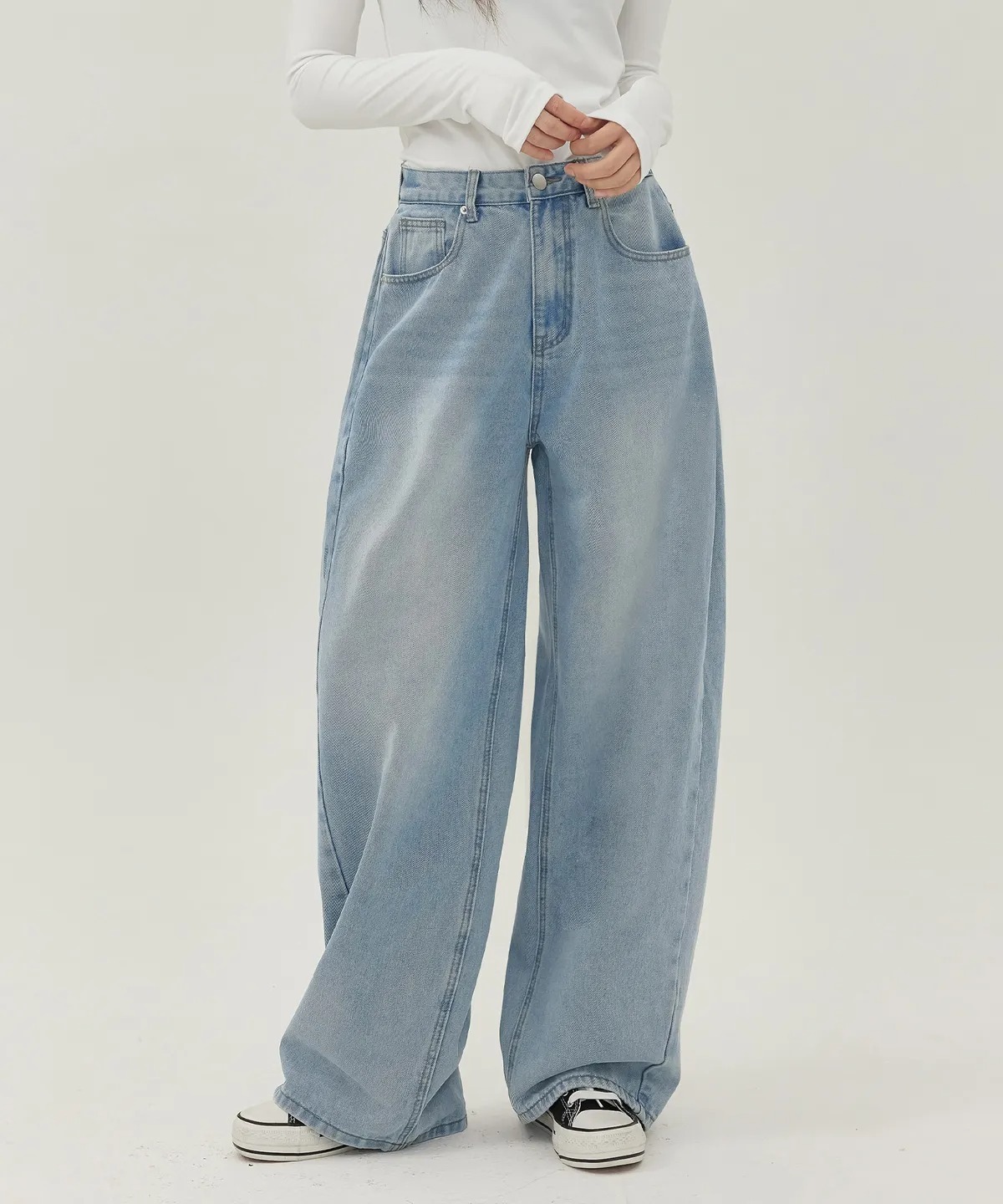 JINMANIA Unisex Side Pintuck Balloon Wide Denim Pants