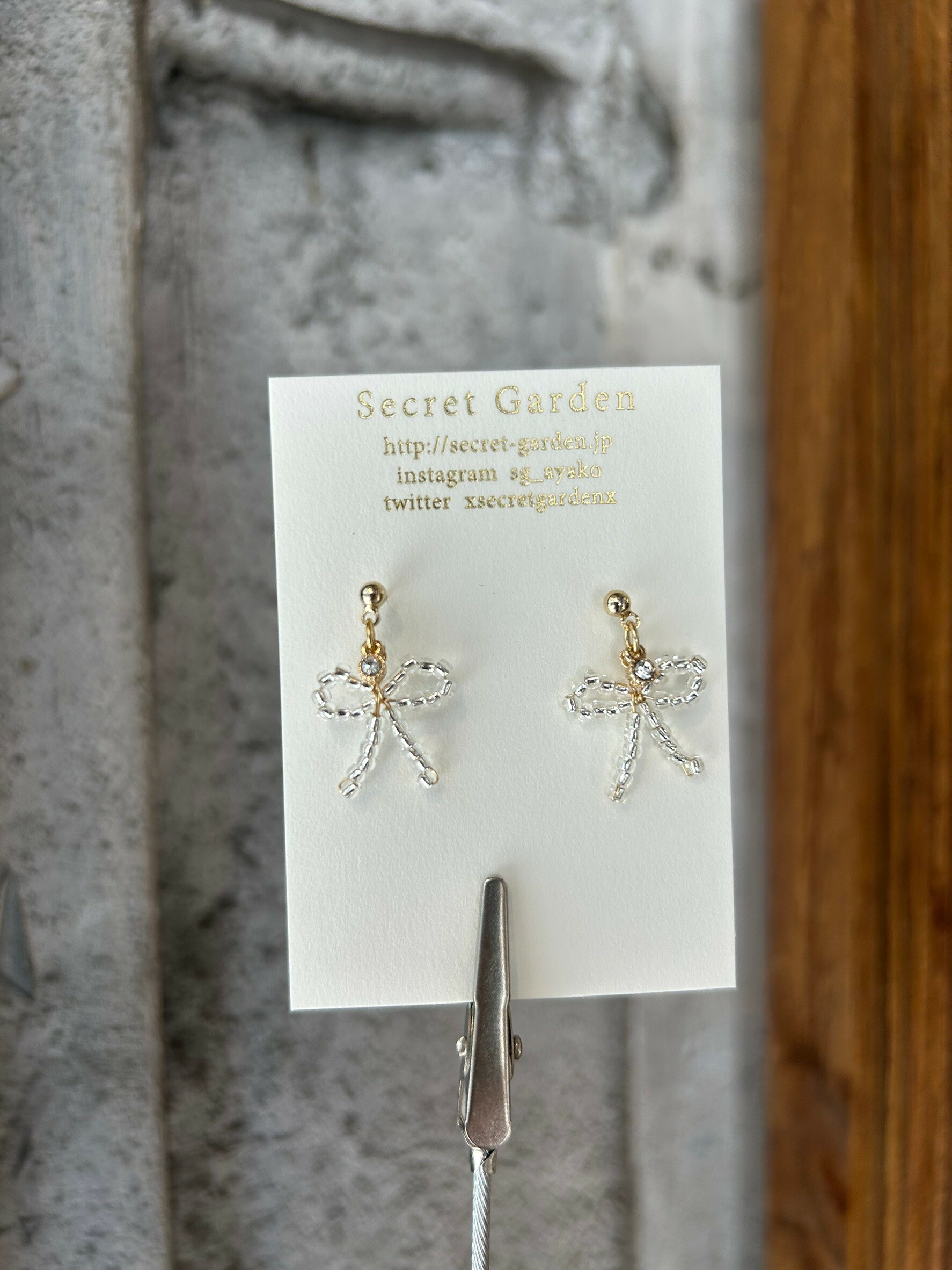 [secretgarden] 寶石串珠蝴蝶結耳環 | 銀色 | 耳夾 | NO.43