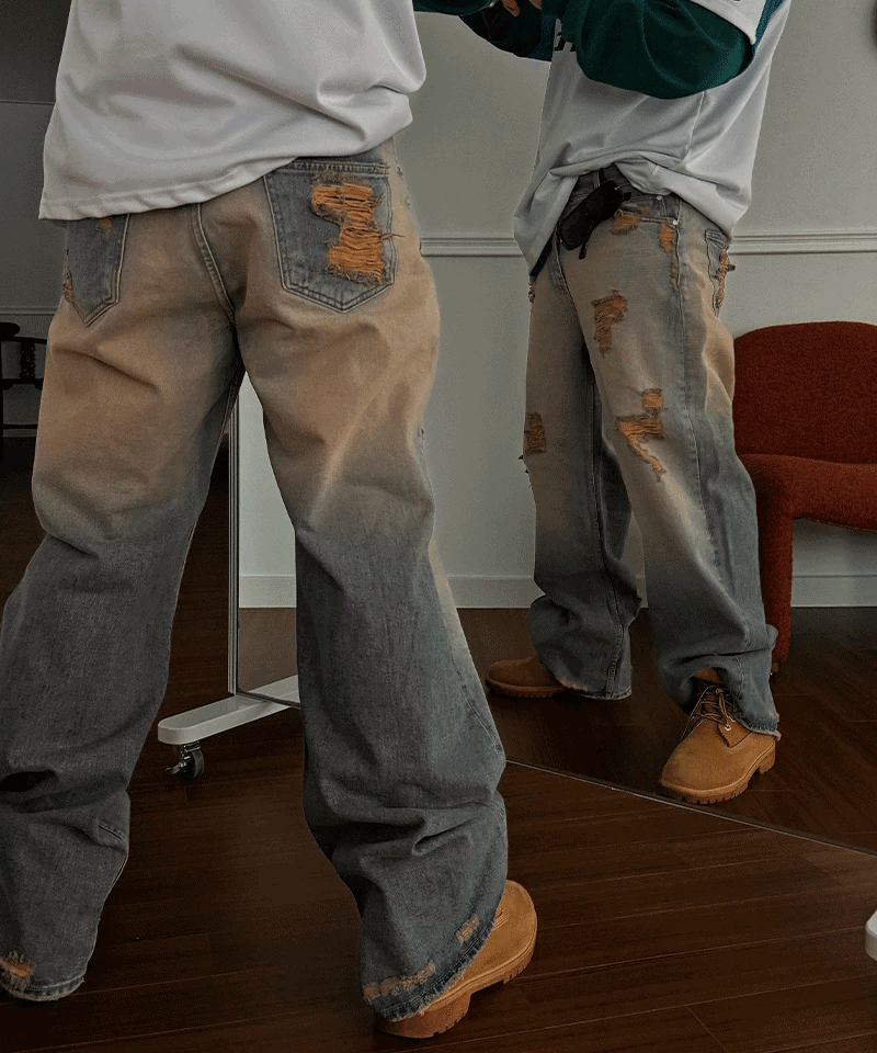 泥損寬鬆牛仔褲