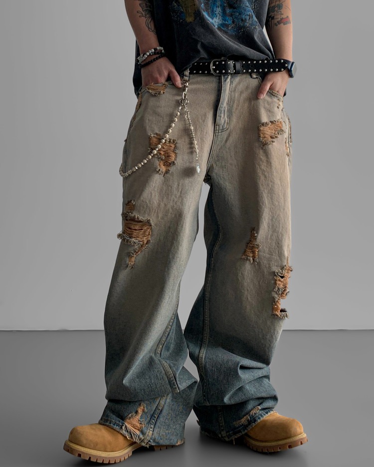泥損寬鬆牛仔褲