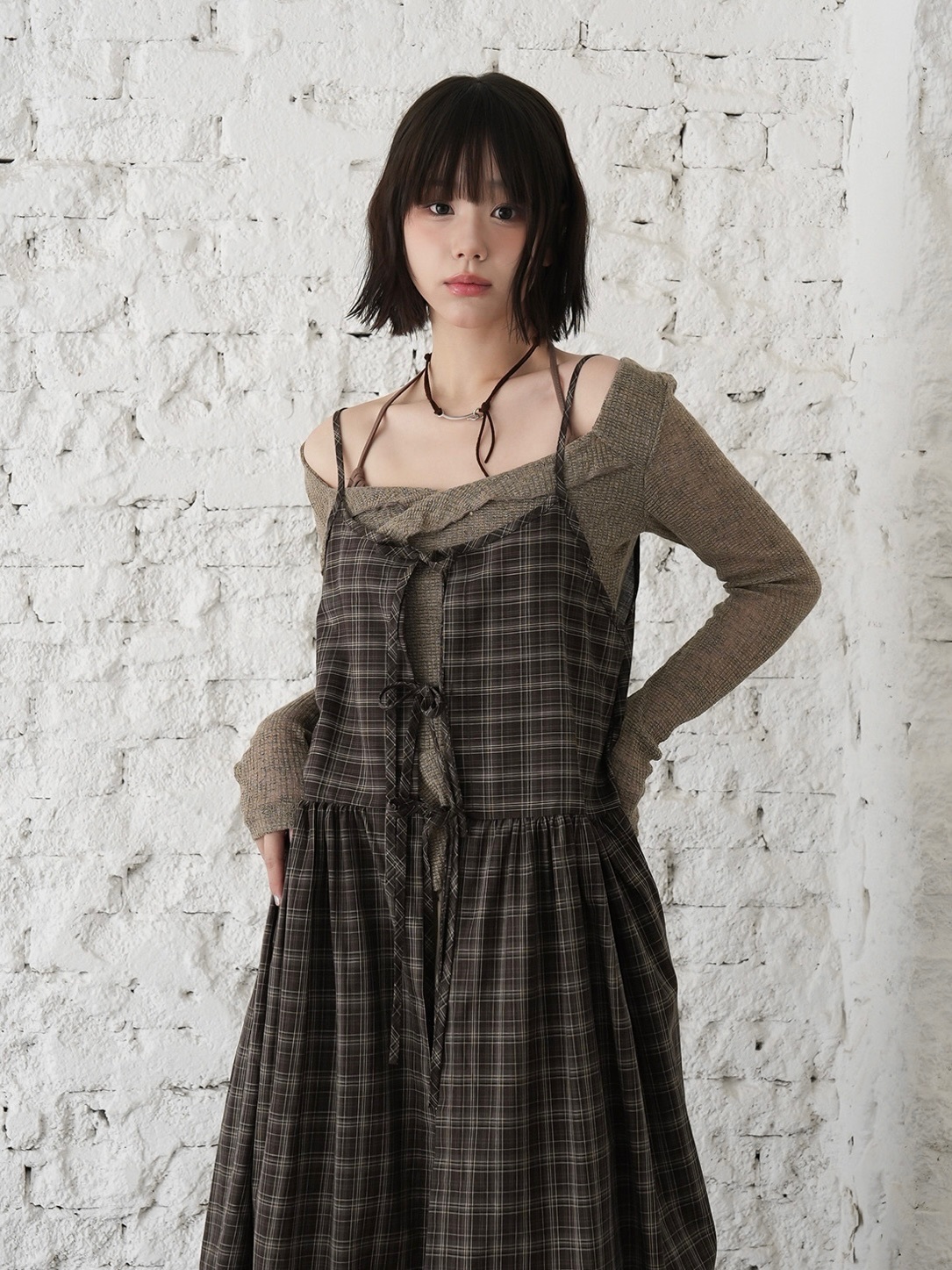 【優惠預訂】韓國格仔長吊帶裙（3色）