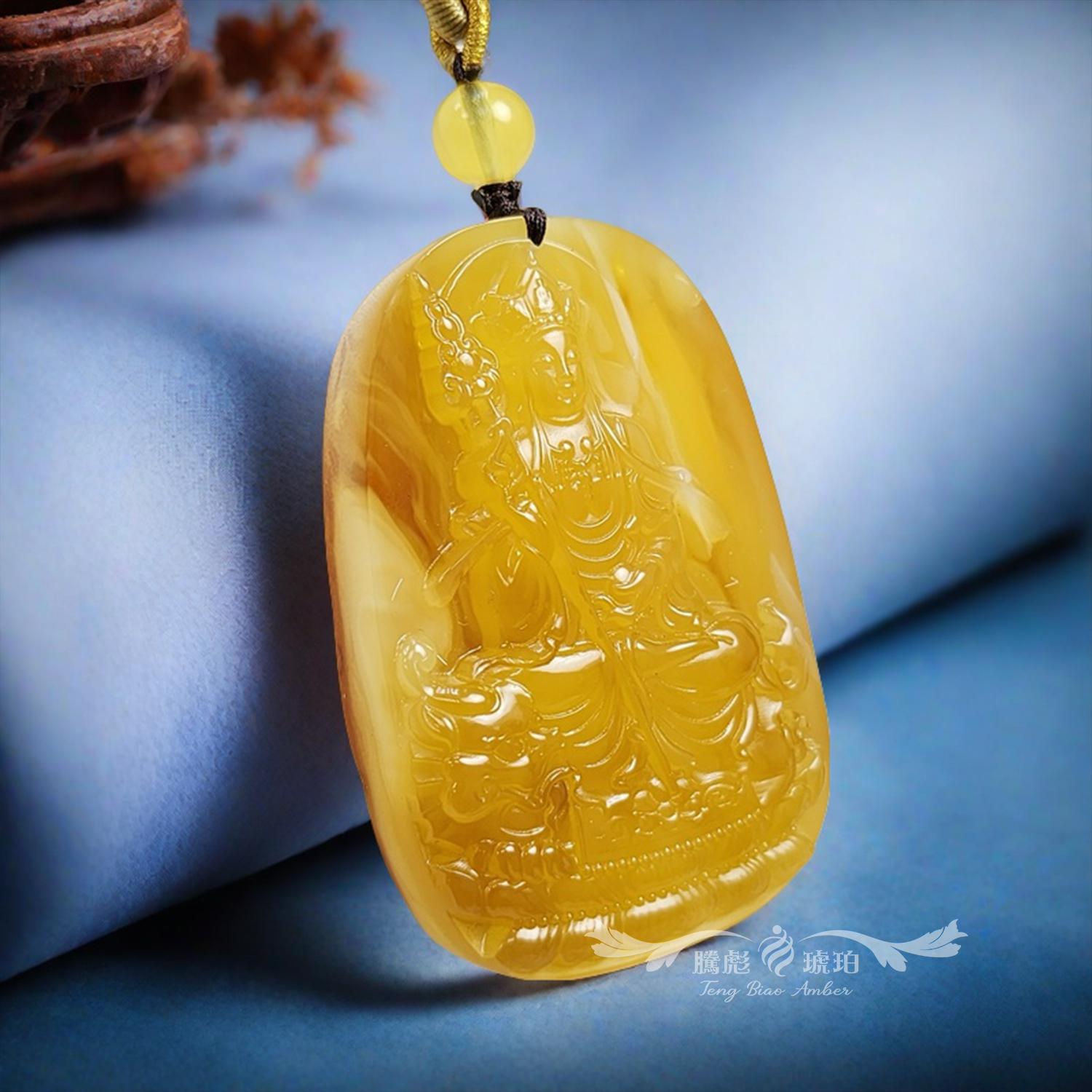 收藏款天然波羅的海留皮金絞飄花蜜蠟地藏王菩薩之正規掛牌繩鍊