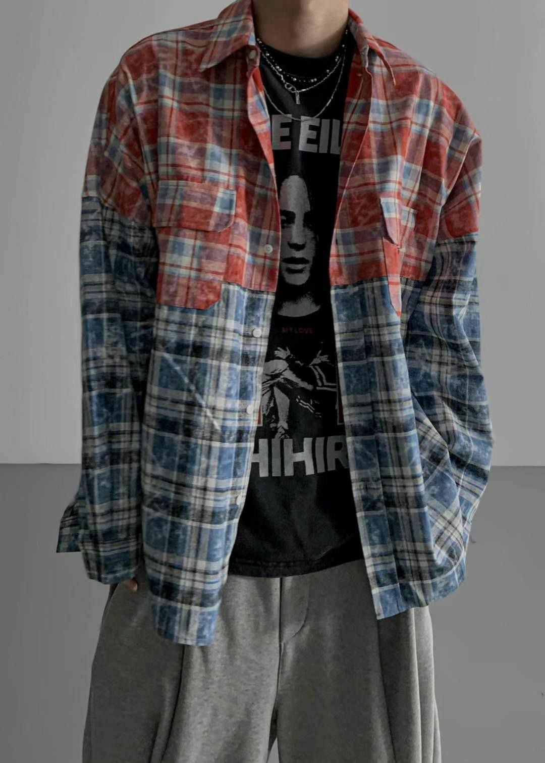 拼色格仔長袖恤衫 COVILL-166S