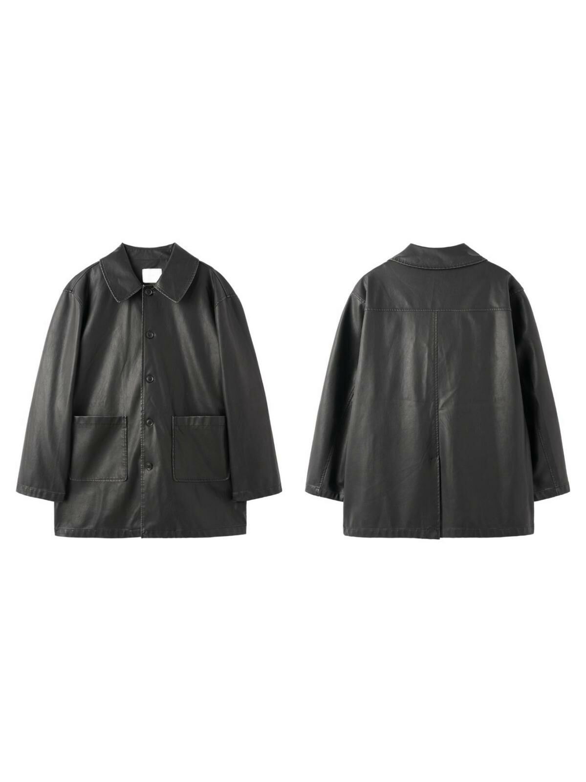 淨色反領開胸合成皮褸 TAC-0146JK