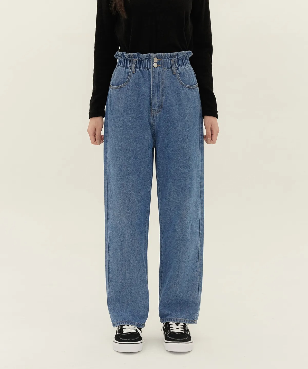 JINMANIA Two-Button Banding Wide Denim Pants