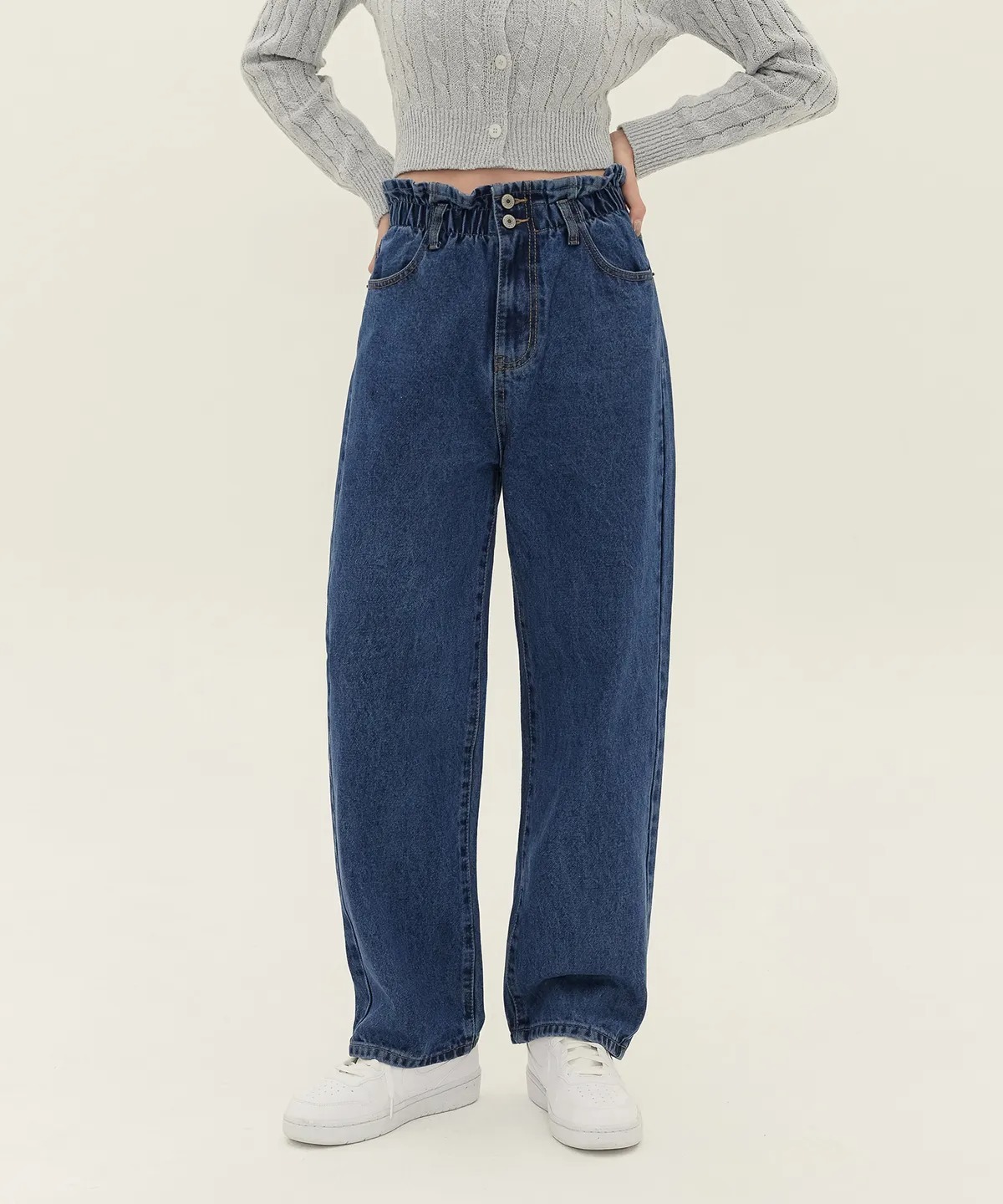 JINMANIA Two-Button Banding Wide Denim Pants