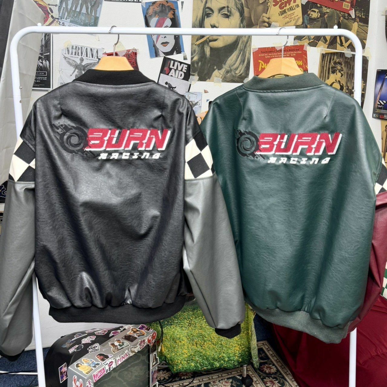 英文字拼色合成皮棒球褸 BY ATTENTION-362JK