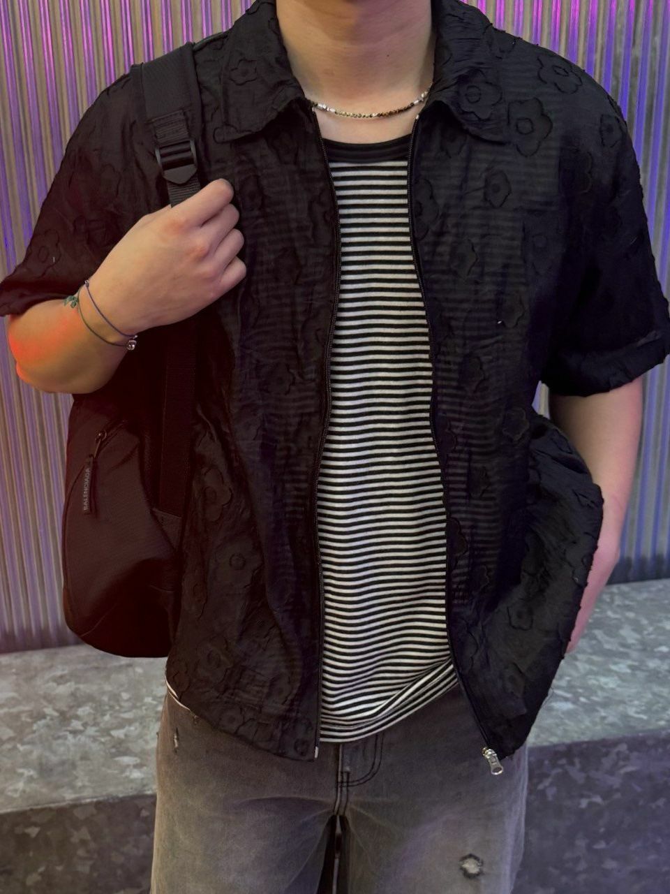 暗花紋短袖拉鍊外套 BY ATTENTION-376JK