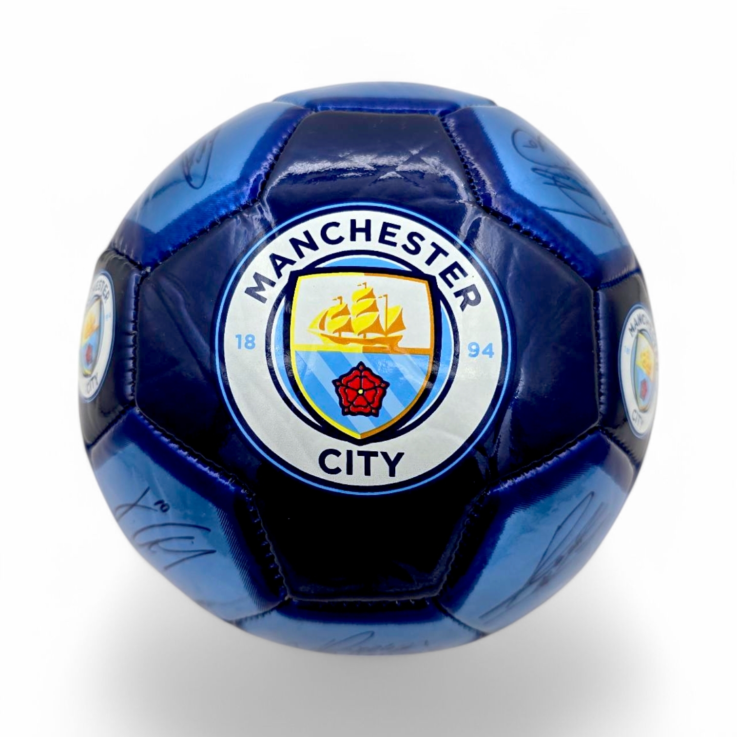 曼城深淺藍色球星簽名1號足球