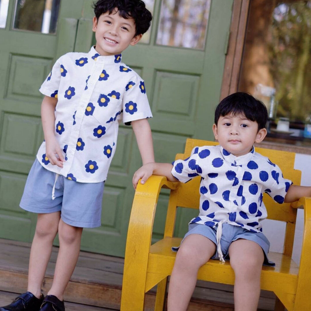 泰國-藍點點休閒親子洋裝-小童襯衫