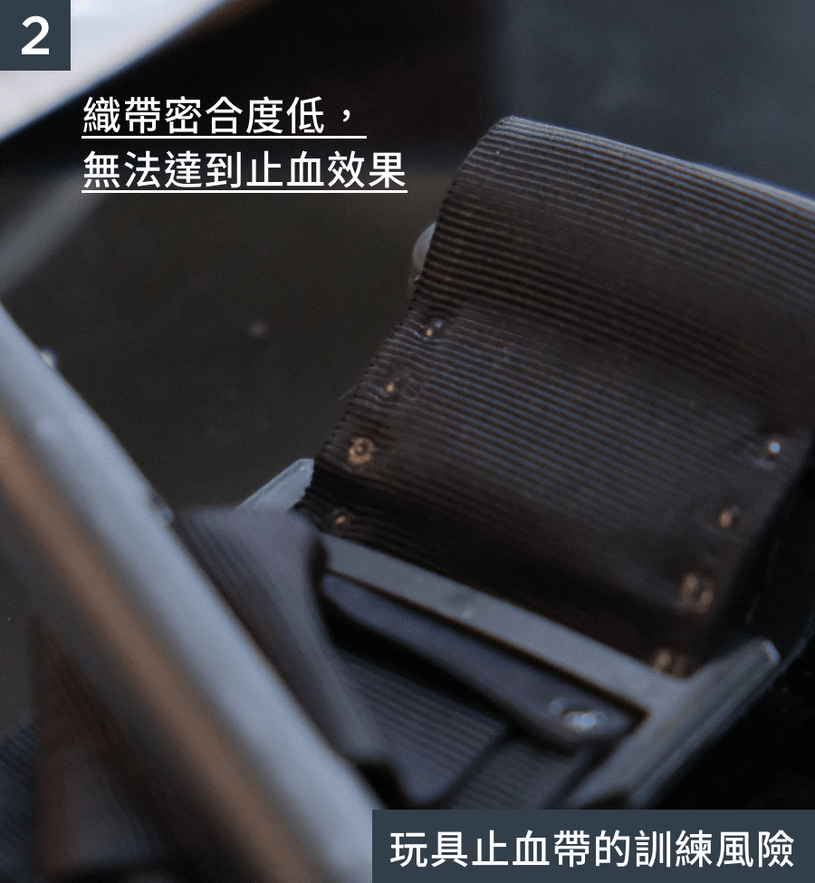 中國製玩具止血帶在訓練上容易造成故障，而無法達到訓練效果