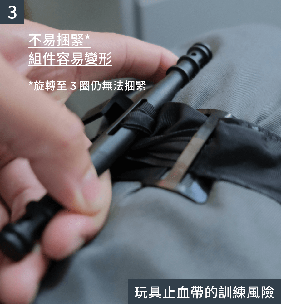 中國製玩具止血帶在訓練上容易造成故障，而無法達到訓練效果