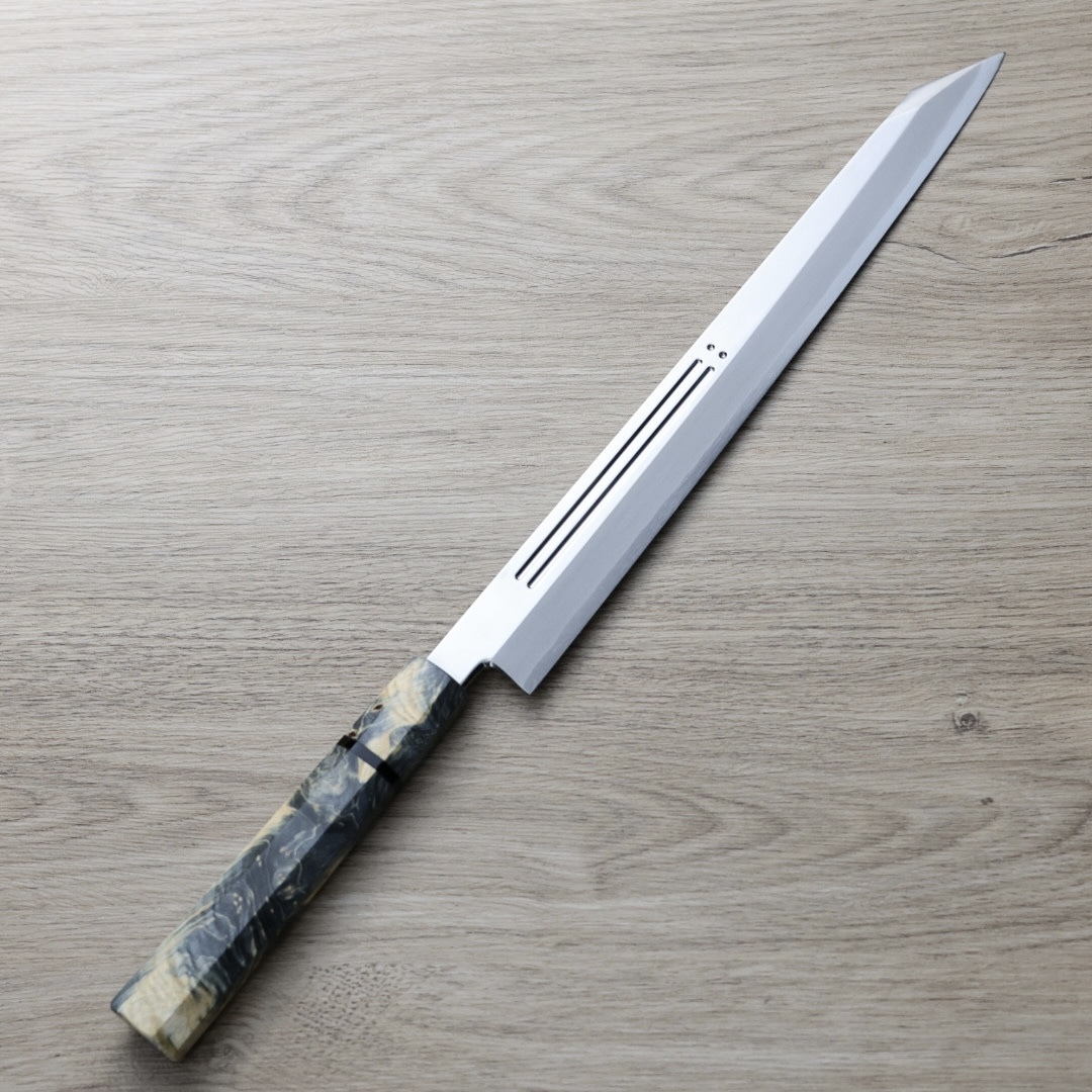 山脇刃物/鄉右馬允義弘 切付柳刃 300mm 銀三綱 鏡面血流