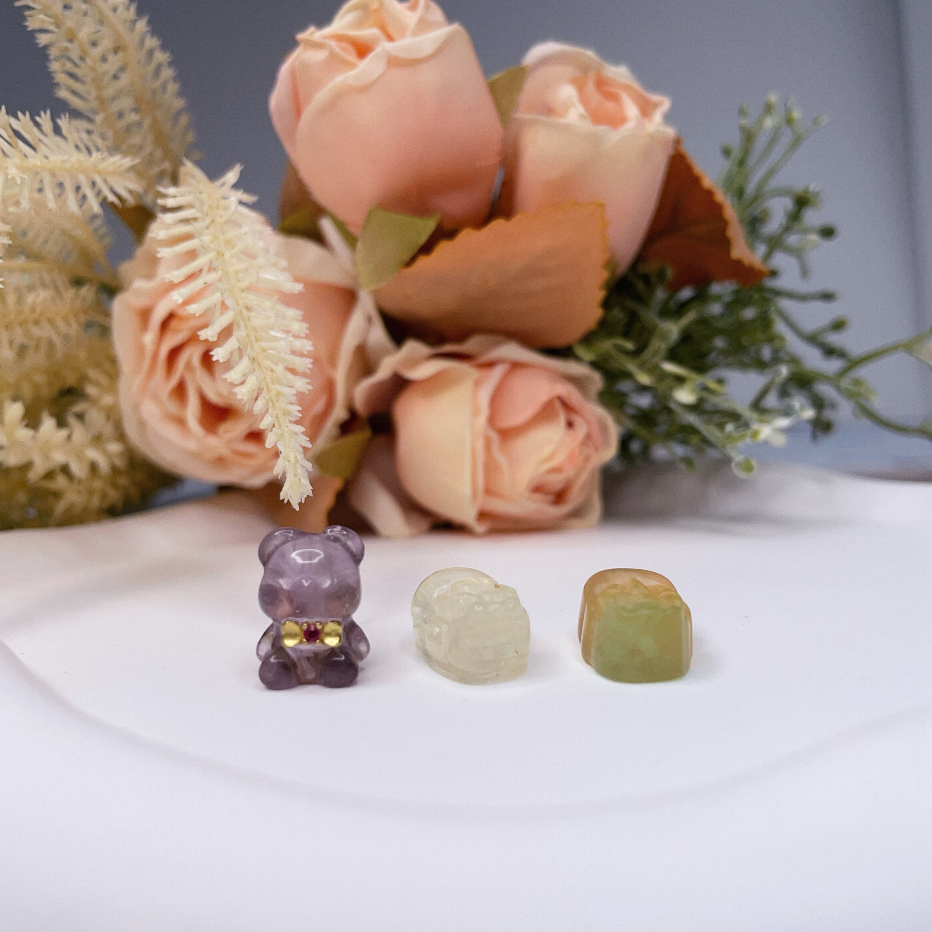 紫、黃水晶、螢石穿孔配件｜熊熊、貔貅