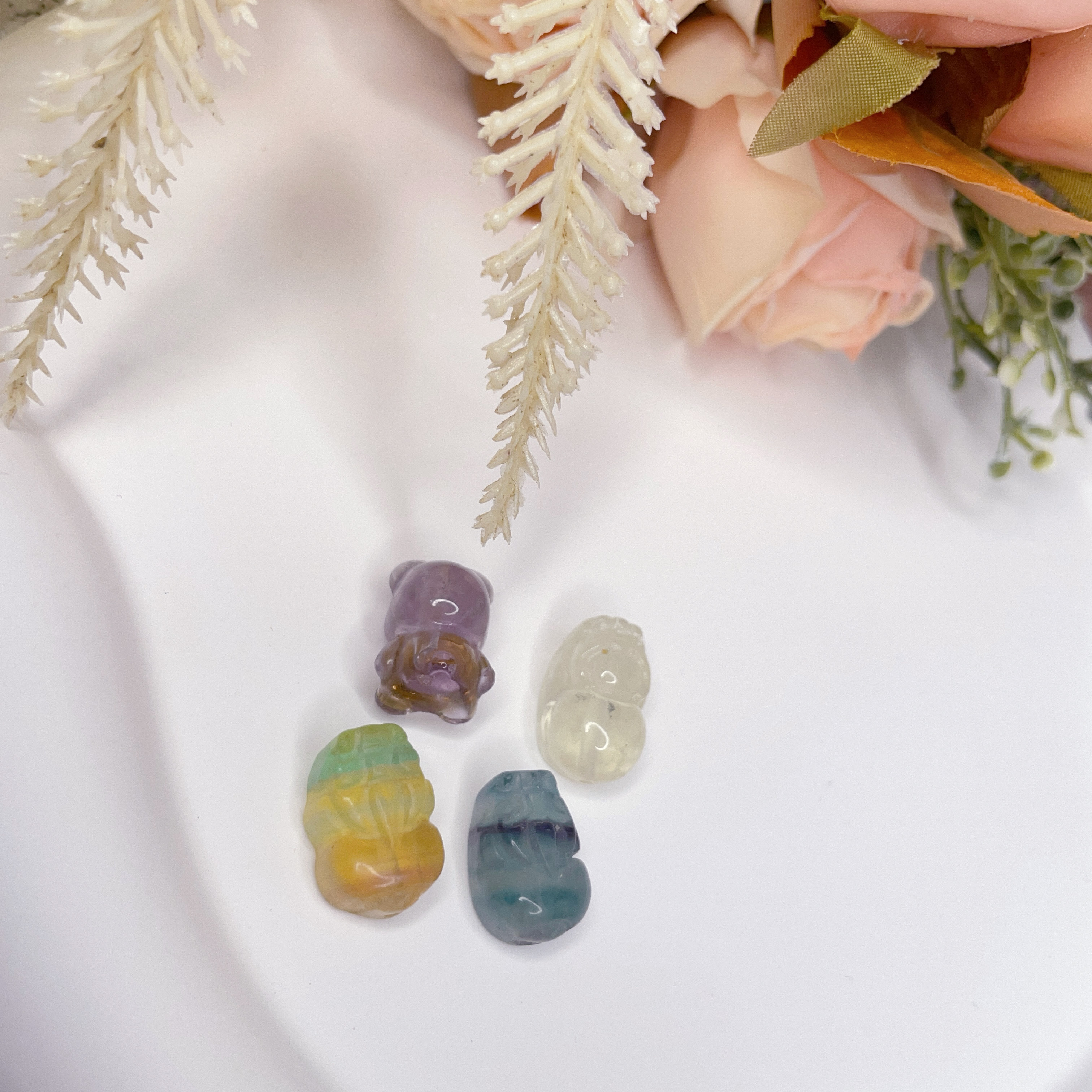 紫、黃水晶、螢石穿孔配件｜熊熊、貔貅