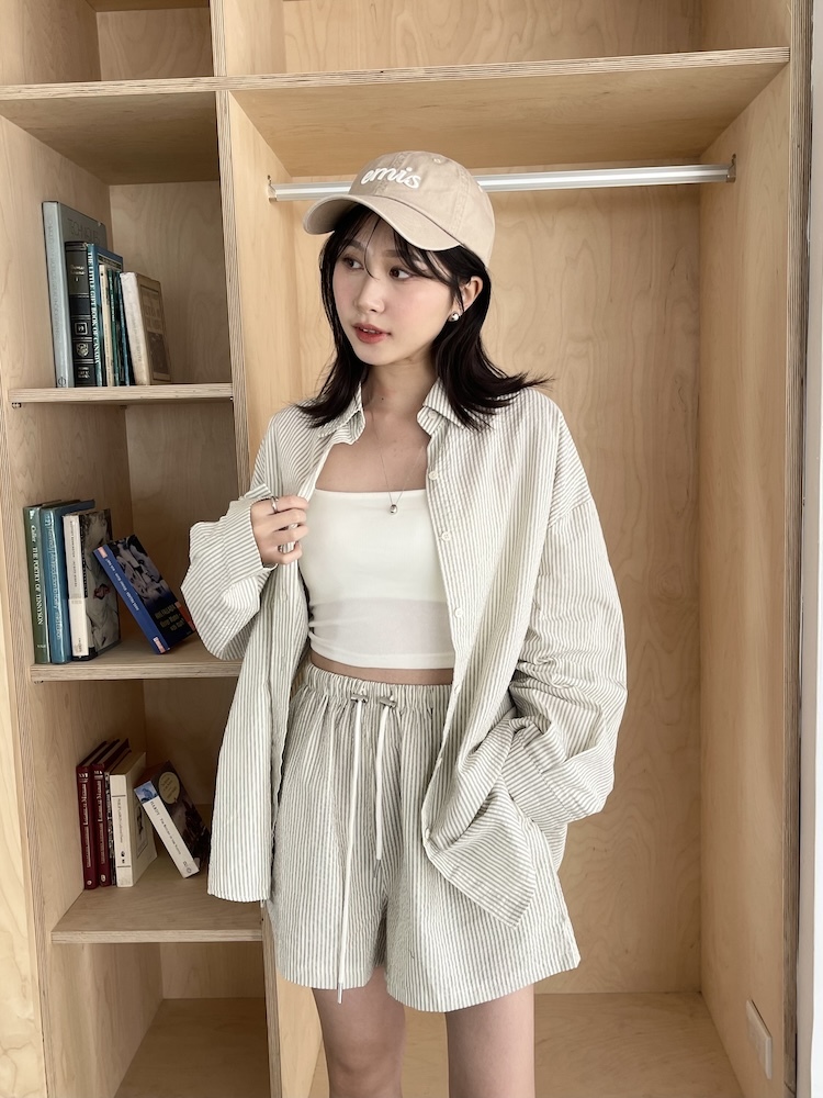 條紋棉麻襯衫套裝