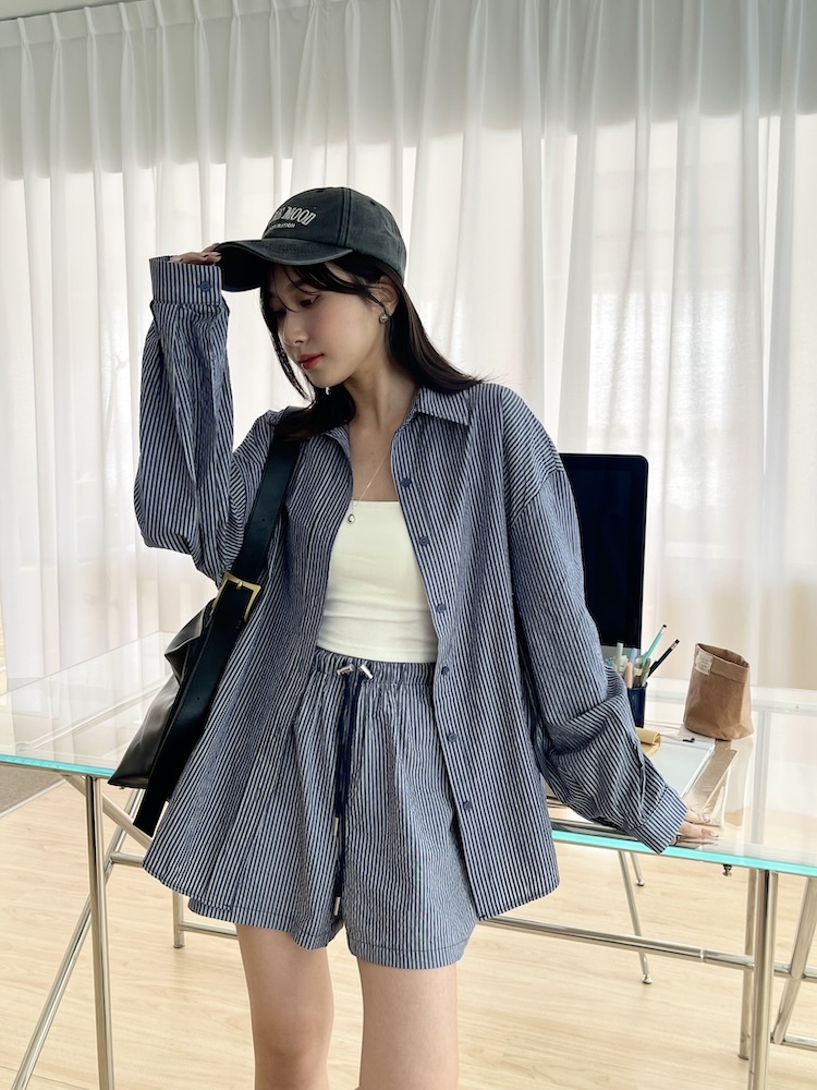 條紋棉麻襯衫套裝