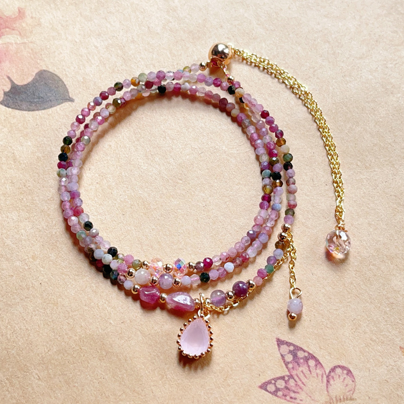 【星軌】粉水晶+彩虹碧璽愛心三圈手鍊/項鍊