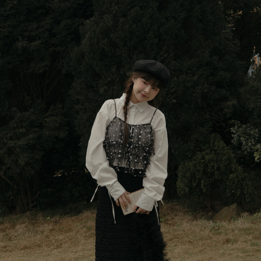 Floral multi-layered lotus leaf mesh blouse vest three colors for sale【01098960】in stock+pre-order