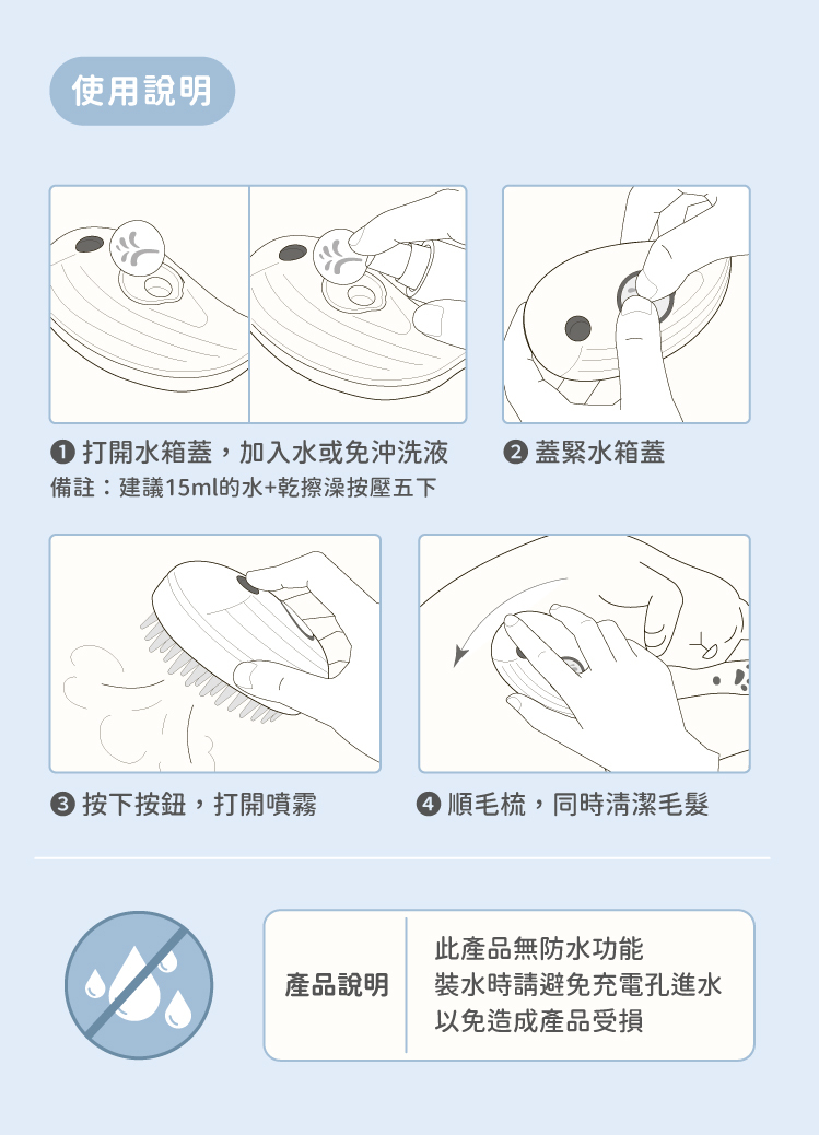 Shower!水氧噴霧式寵物乾洗按摩梳使用說明