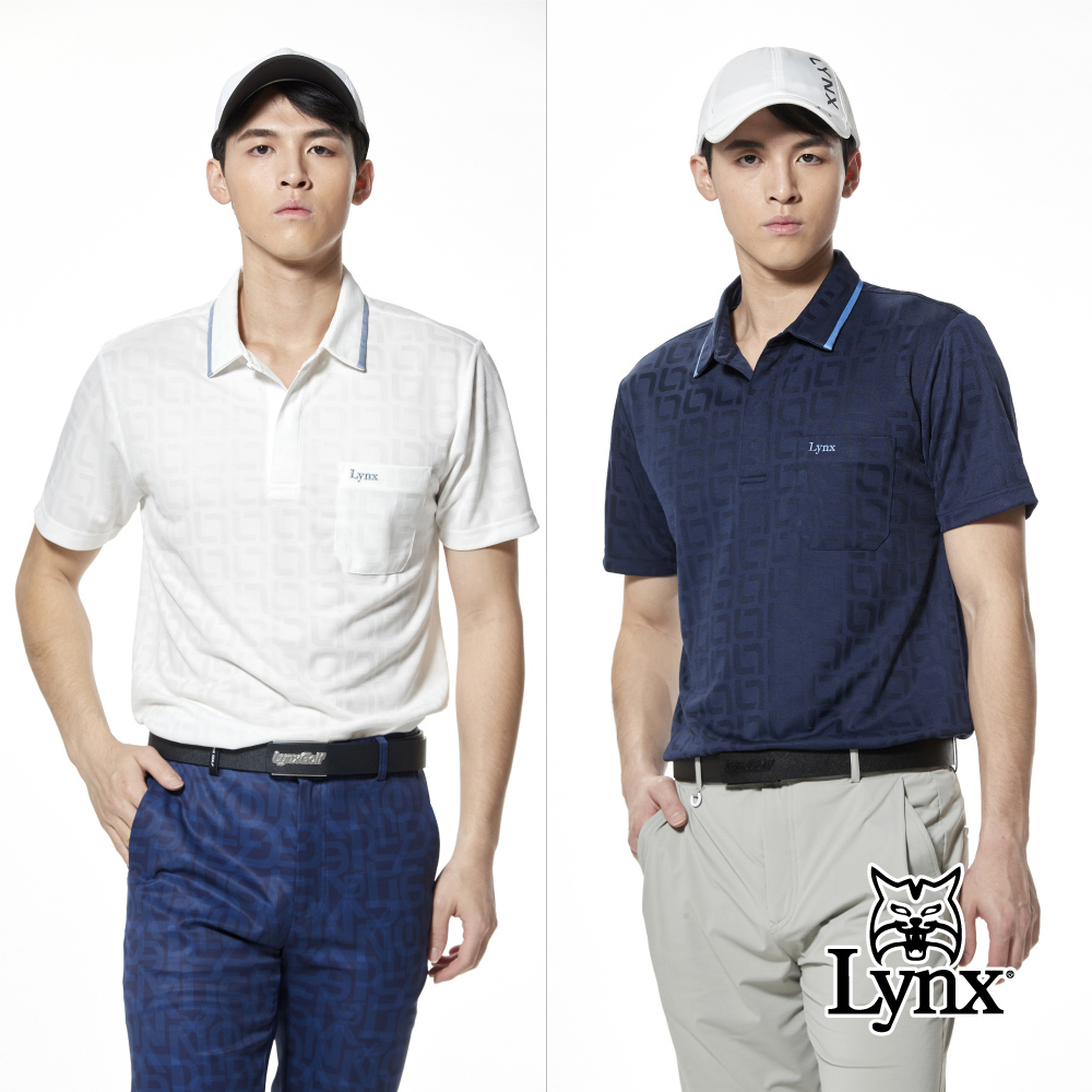 【Lynx Golf】吸排雙面緹花配色領片山貓夾標胸袋短袖POLO衫/高爾夫球衫