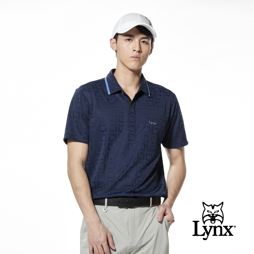 【Lynx Golf】吸排雙面緹花配色領片山貓夾標胸袋短袖POLO衫/高爾夫球衫