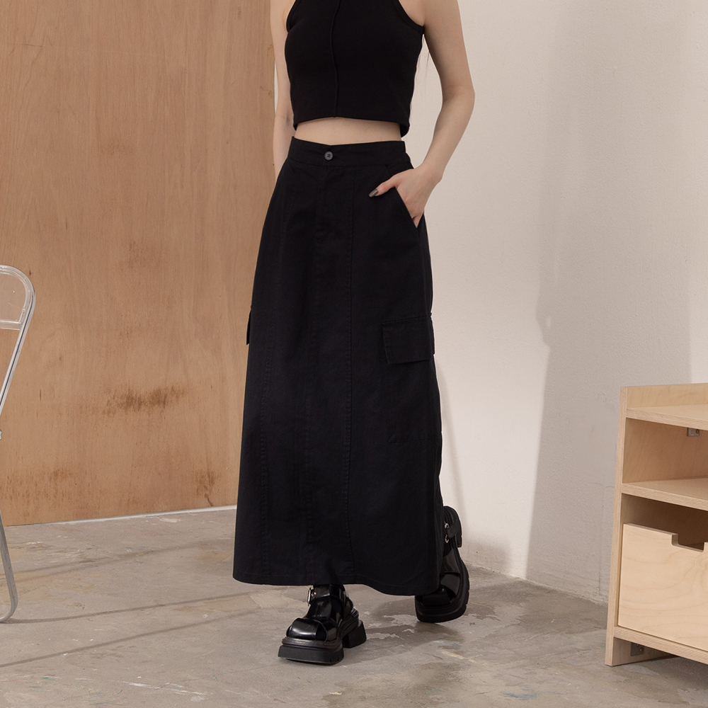 Plain large pockets cut-out work dress long skirt four colors for sale S/M【03021616】in stock+pre-order