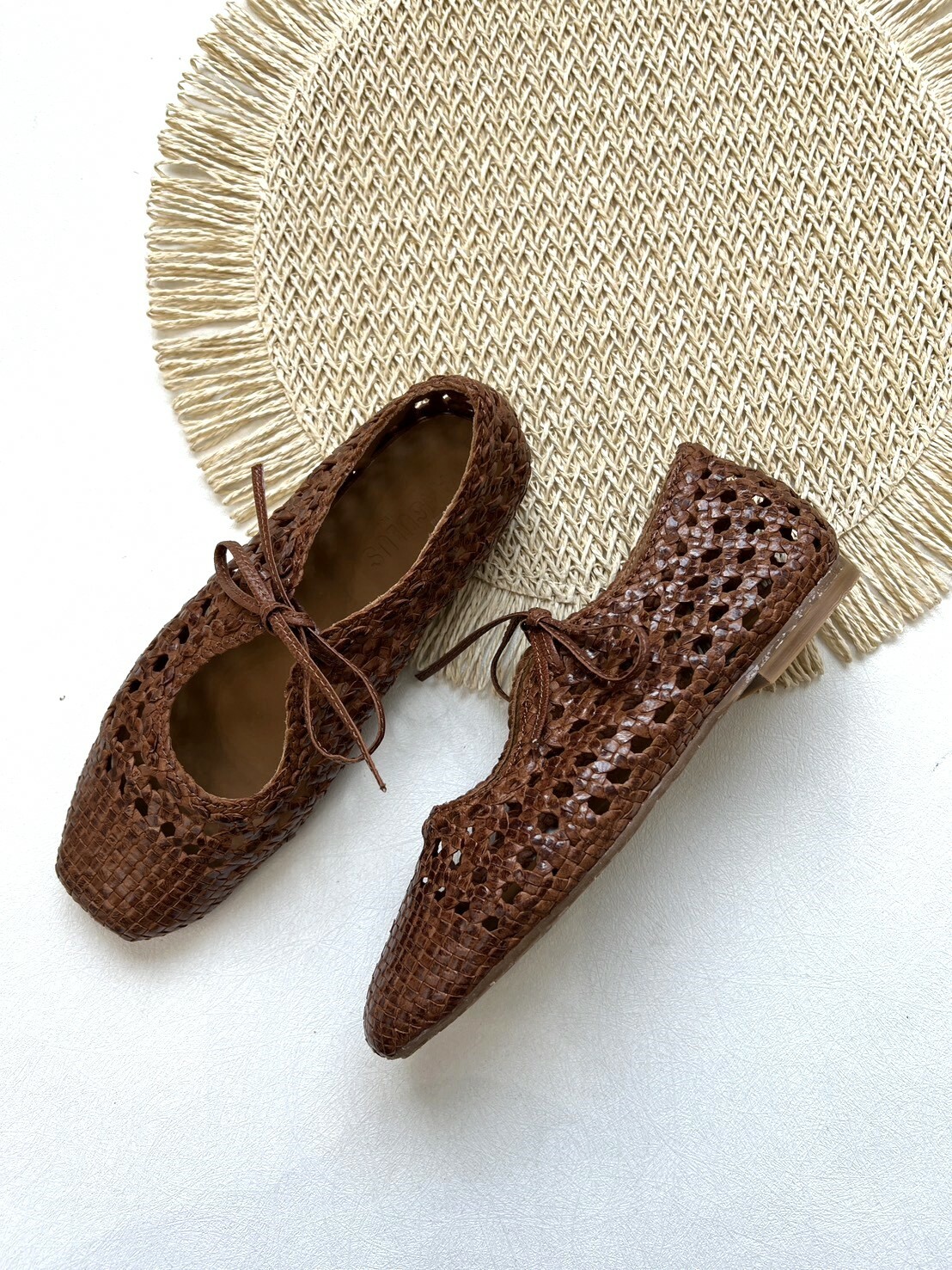 ANGULUS 大人款-手工編織芭蕾舞鞋 Soft hand-braided ballerina with bow detail - tan braid