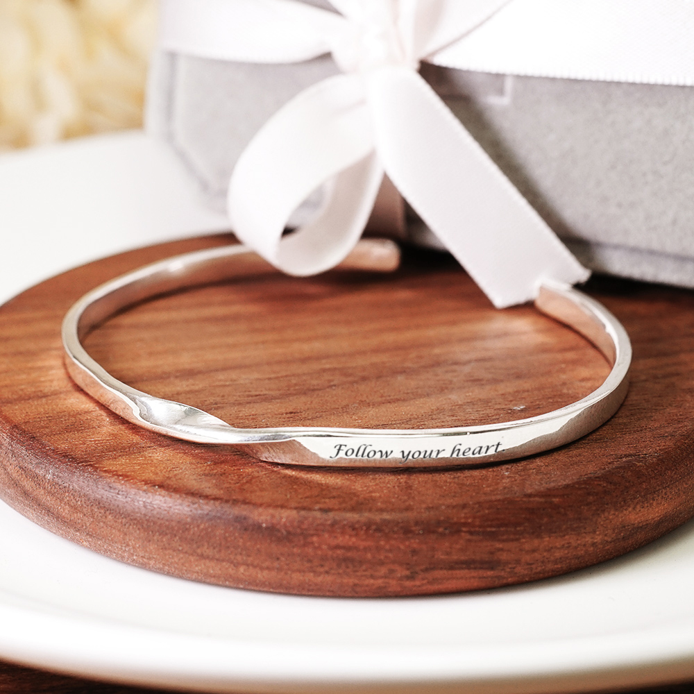 純銀刻字 迴旋扭結 925純銀手環 細版 開口式 C型手環 女生手環