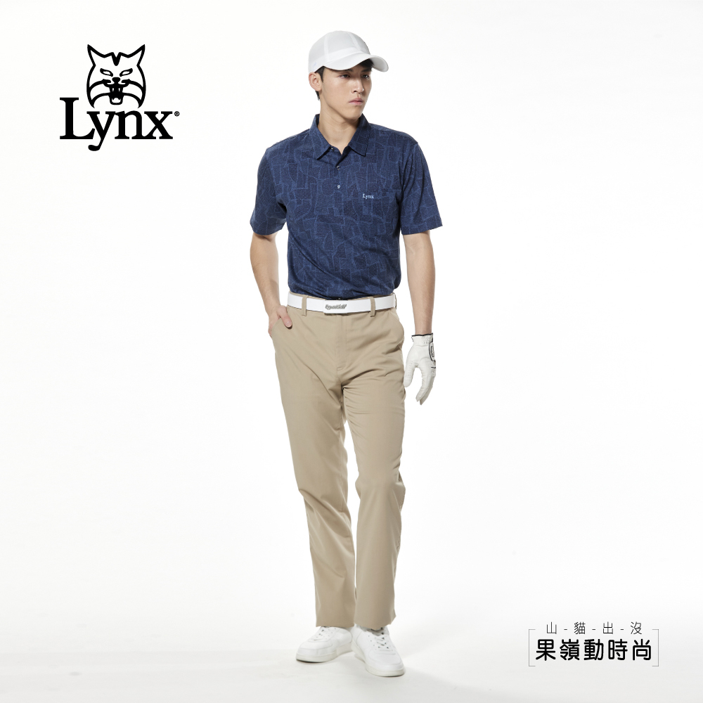【Lynx Golf】歐洲絲光綿緹花拼圖花紋開杈胸袋短袖POLO衫