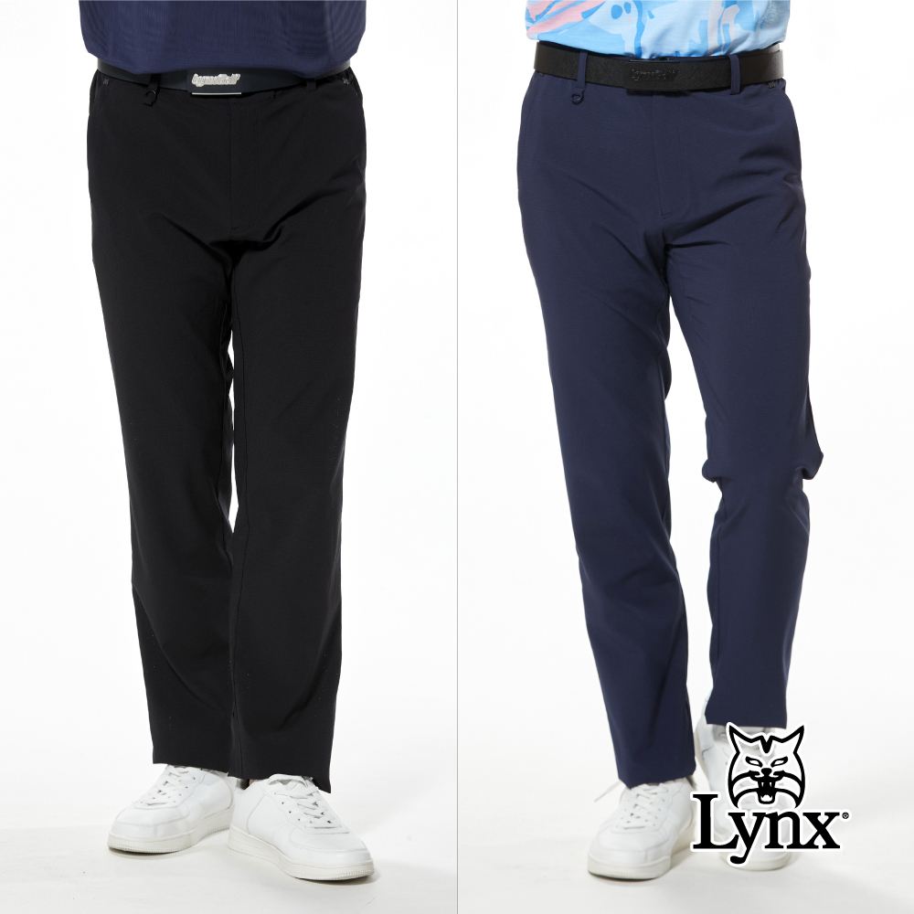 【Lynx Golf】透氣四面彈性細格紋鉚釘織帶剪接平口休閒長褲