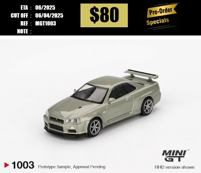 PO-$80 * MINI GT * 1:64 #1003 Nissan Skyline GT-R (R34)  V-Spec II Nür  Millenium Jade RHD [OD24/03]