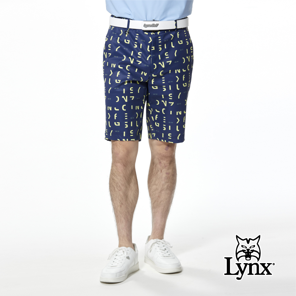 【Lynx Golf】防潑水Lynx印花透氣織帶鉚釘口袋平口休閒短褲