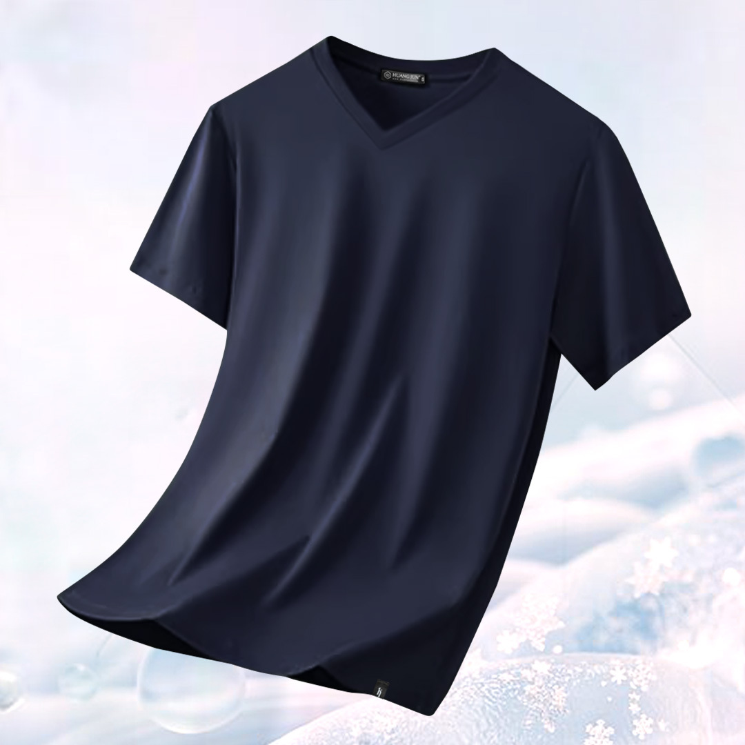 加大款-V領透沁涼感素Ｔ-深藍