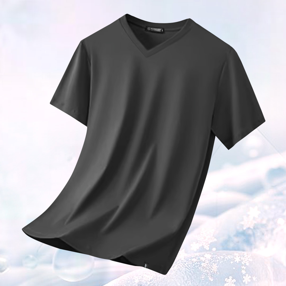 加大款-V領透沁涼感素Ｔ-鐵灰