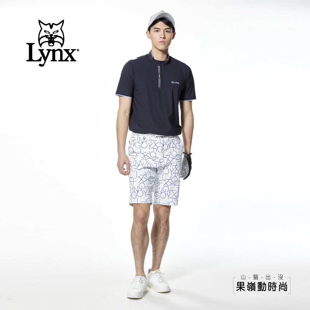 【Lynx Golf】防潑水排列印花織帶剪接山貓鉚釘口袋平口休閒短褲