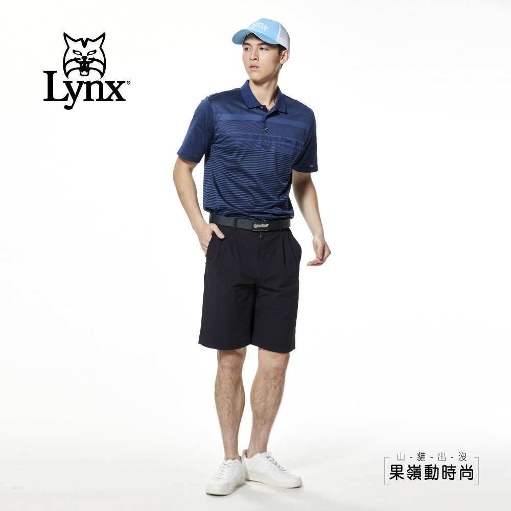 【Lynx Golf】兩側鬆緊帶設計泡泡布紋路經典格紋雙折休閒短褲