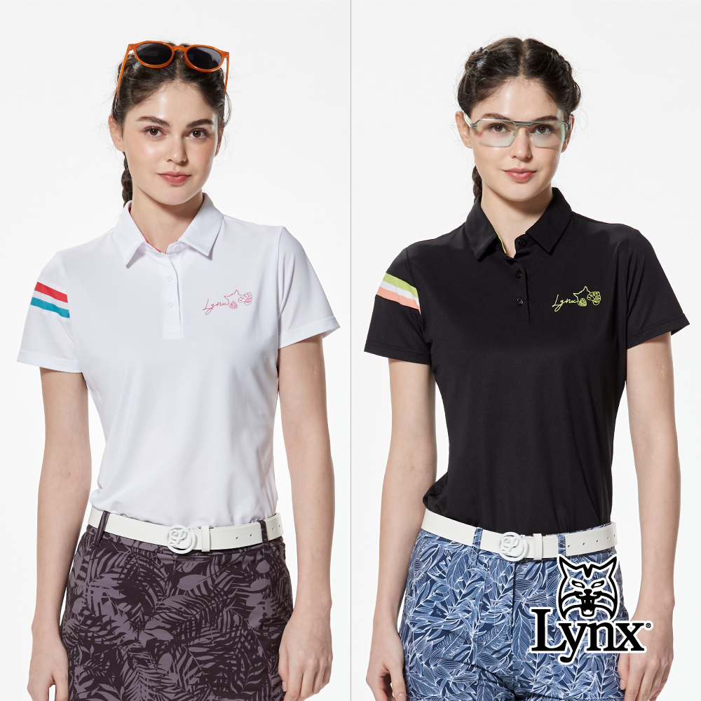 【Lynx Golf】吸溼排汗抗UV剪接配布膠印開杈短袖POLO衫/高爾夫球衫