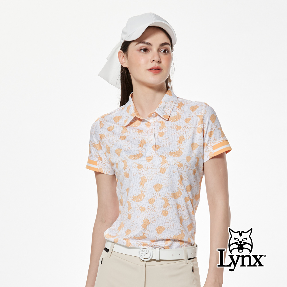 【Lynx Golf】合身版吸排機能繡花羅紋袖造型短袖POLO衫/高爾夫球衫