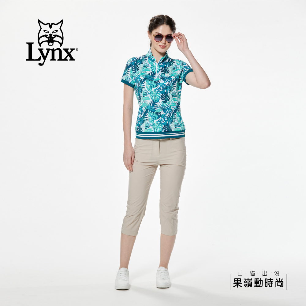 【Lynx Golf】吸排機能花草印花羅紋袖下擺剪接短袖立領POLO衫/高爾夫球衫