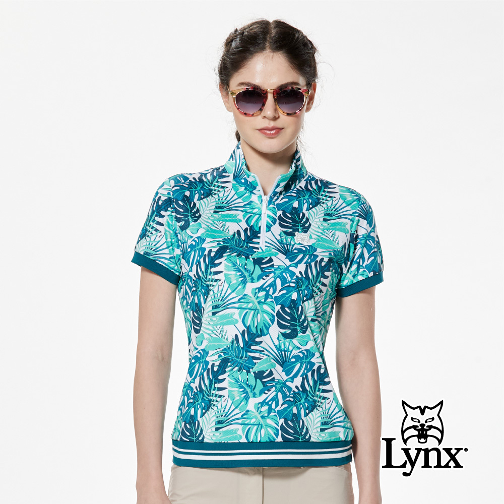 【Lynx Golf】吸排機能花草印花羅紋袖下擺剪接短袖立領POLO衫/高爾夫球衫