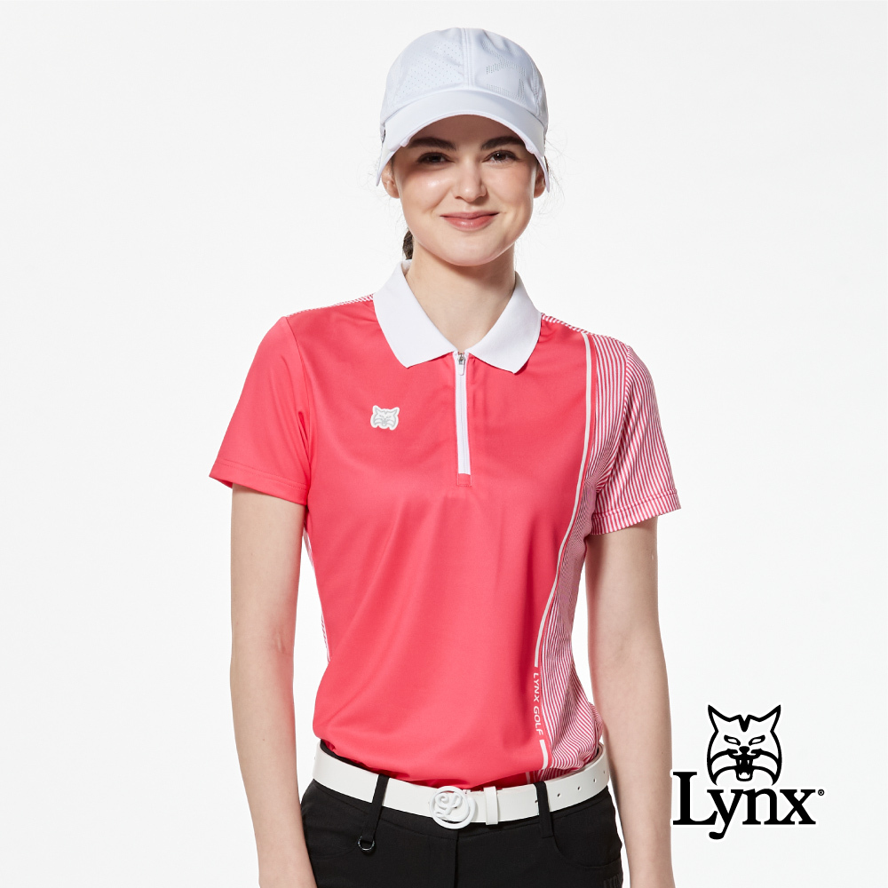 【Lynx Golf】不對稱剪裁條紋印花高低下擺短袖立領POLO衫/高爾夫球衫