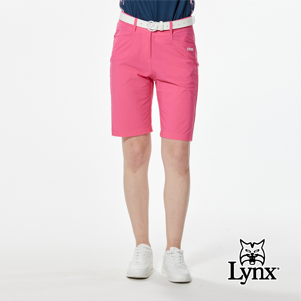 【Lynx Golf】彈性舒適配色羅紋剪裁設計貼膜直筒五分褲