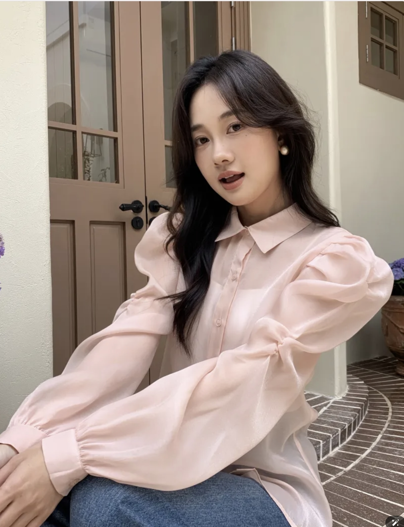 草莓粉澎澎袖歐根紗翻領襯衫上衣S-M (Elegant & Love)