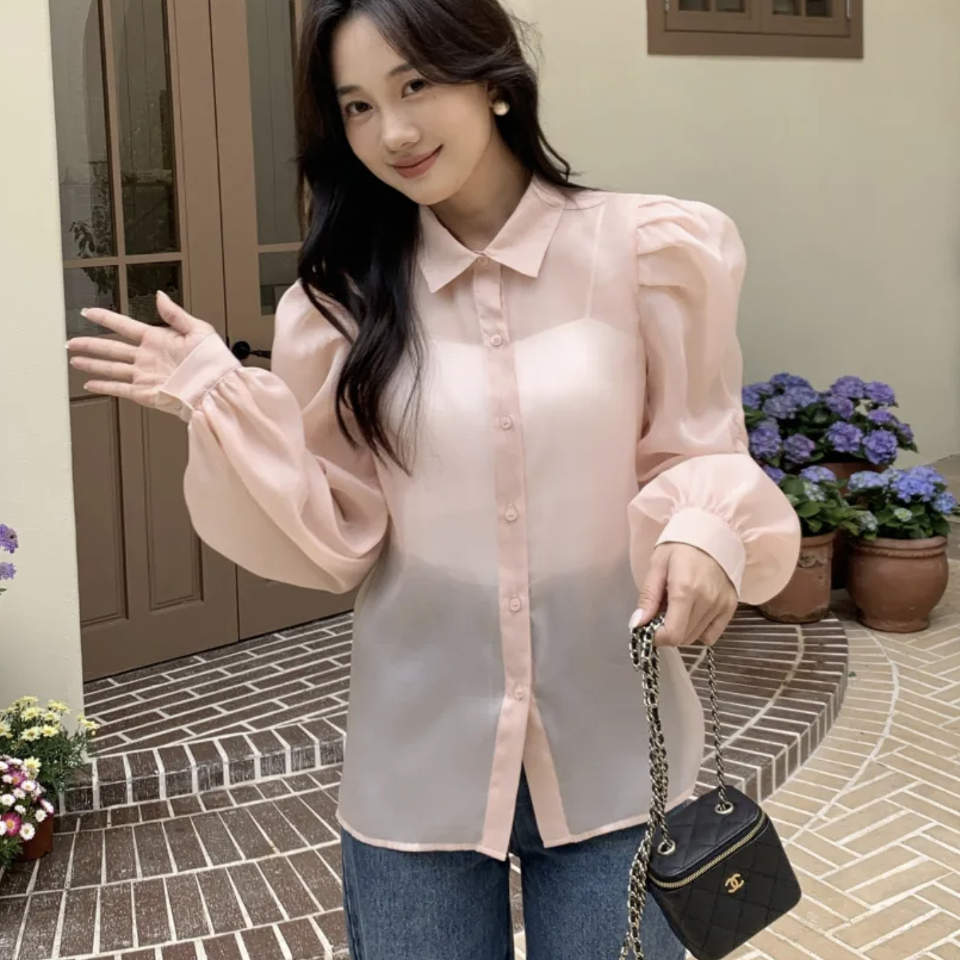 草莓粉澎澎袖歐根紗翻領襯衫上衣S-M (Elegant & Love)