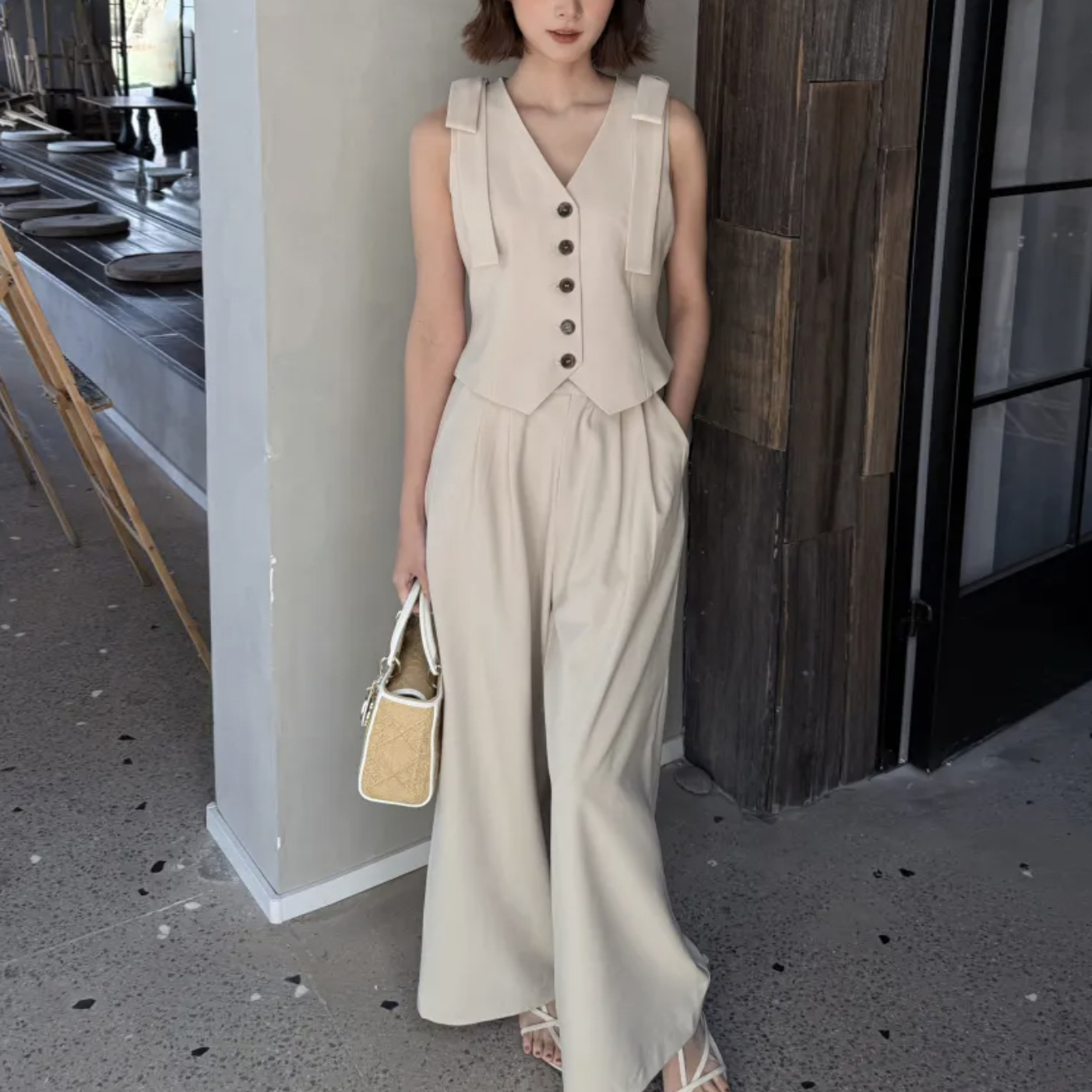 雙肩蝴蝶結V領排釦背心+西裝長褲S-L / 3色 (Elegant & Love)