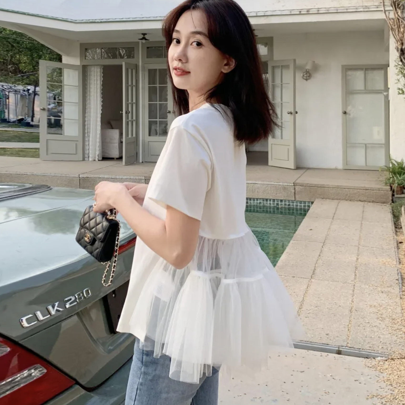 拼接層次歐根紗裙擺短袖圓領上衣-F / 2色 (Elegant & Love)