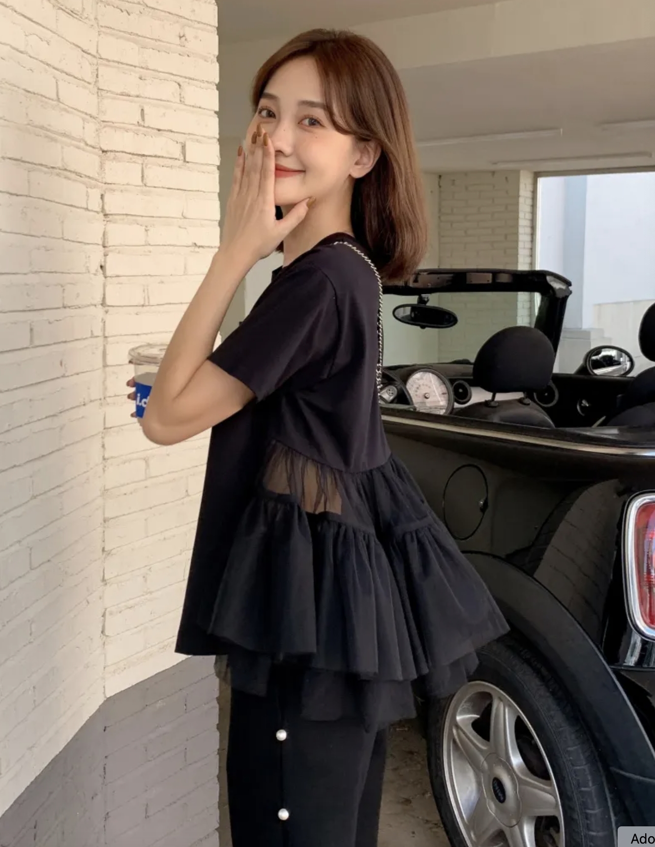 拼接層次歐根紗裙擺短袖圓領上衣-F / 2色 (Elegant & Love)