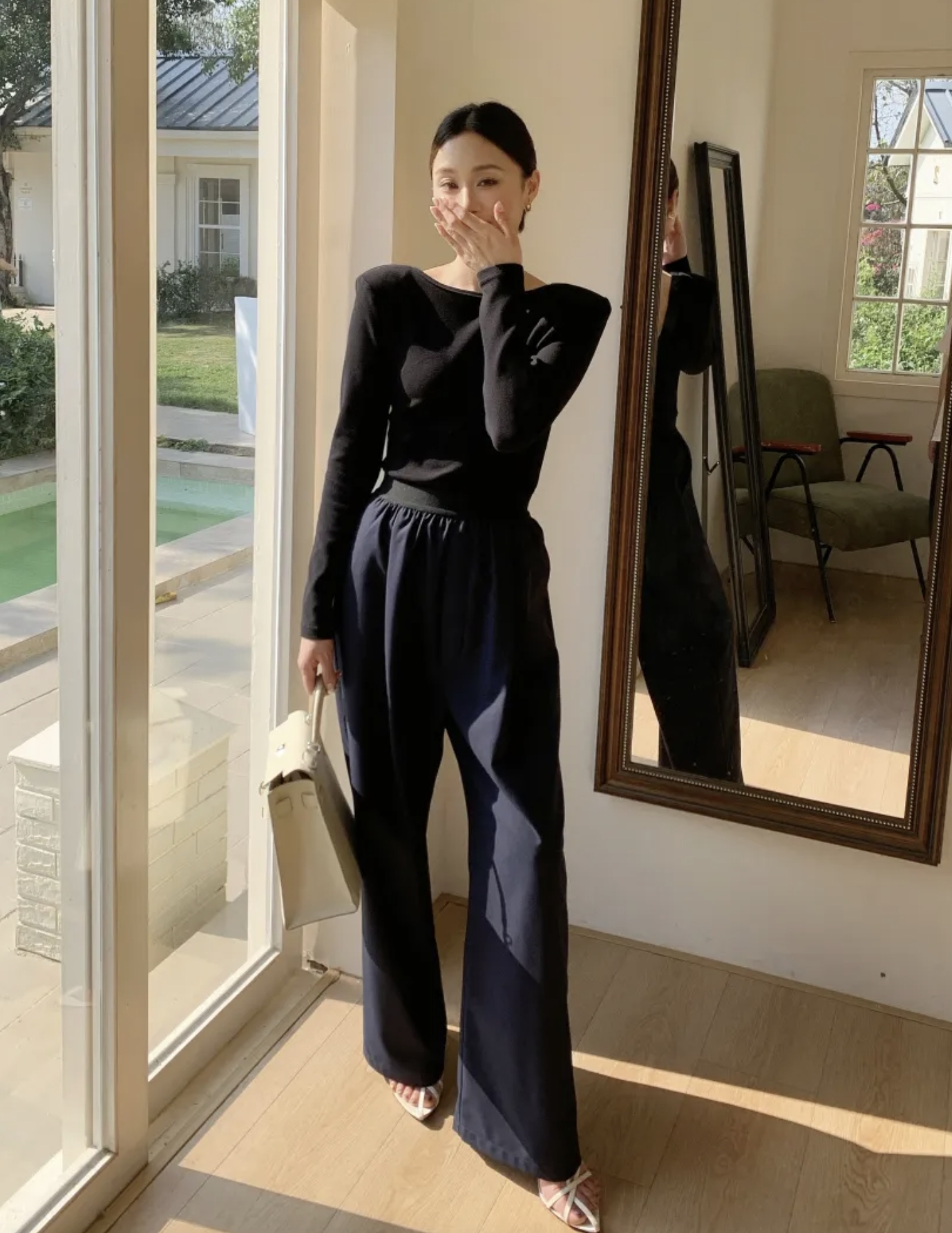 黑色腰頭拼接海軍藍直筒褲長褲-F (Elegant & Love)